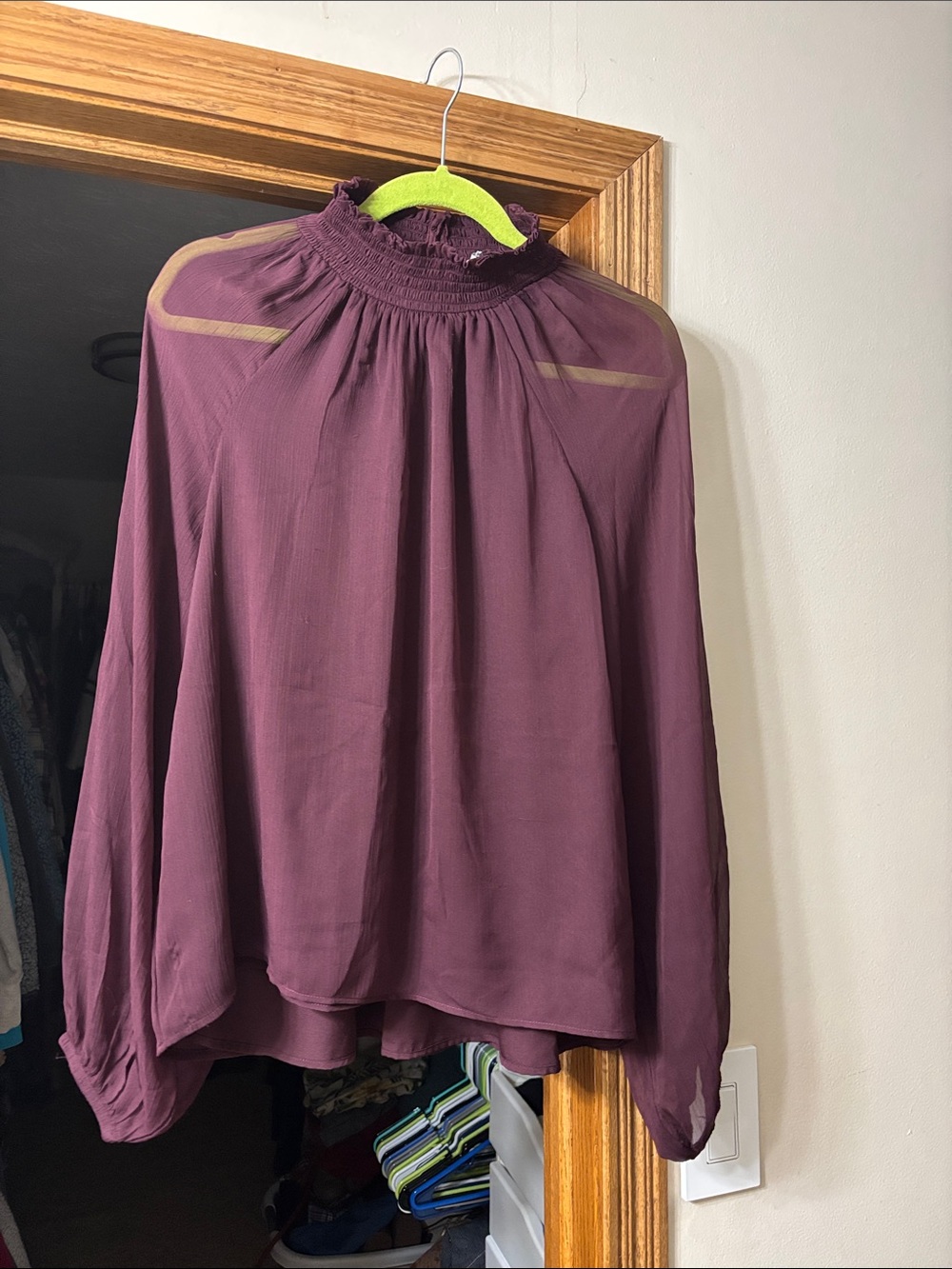Joie Sheer Smocked-Neck Long Sleeve Blouse - Plum